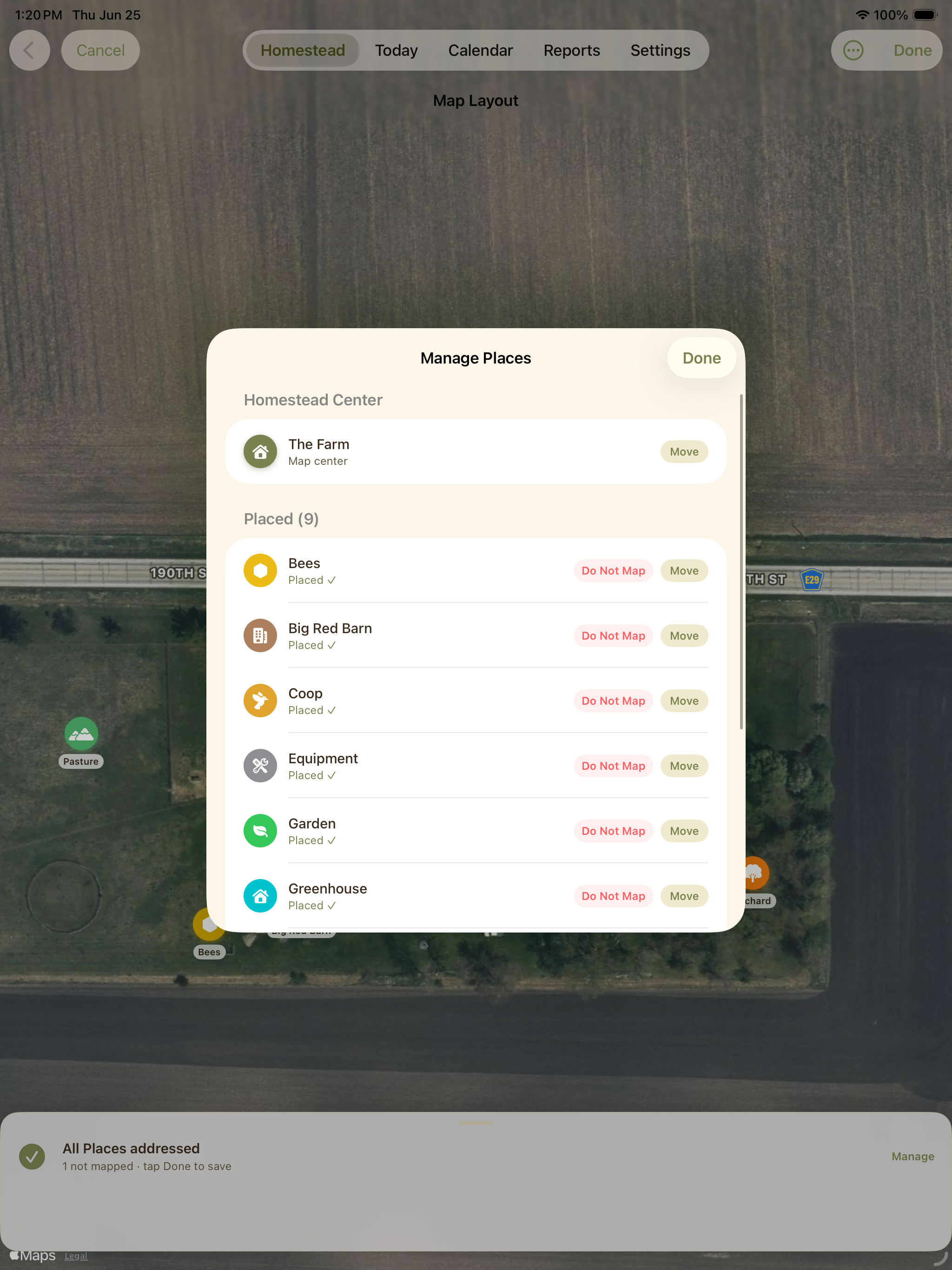 Map screen with a manage places popover listing homestead places and statuses.
